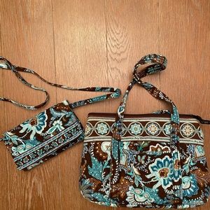 Vera Bradley Brown and Aqua Bag and Wallet Set